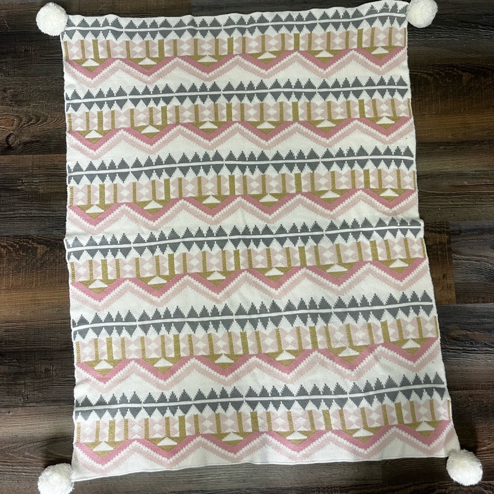 Emily & Meritt Pottery Barn Kids Baby Blanket *40”x 30” Pom Poms Pastels Gold